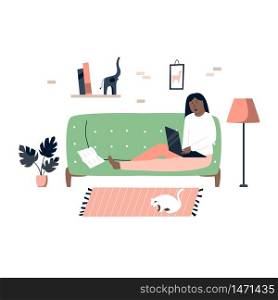 Young self employed woman working remotely from home. Freelance, online learning concept. Vector illustration. Young freelancer woman with laptop working remotely from home