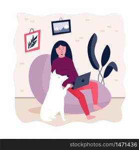 Young self employed woman working remotely from home. Freelance, online learning concept. Vector illustration. Young freelancer woman with laptop working remotely from home