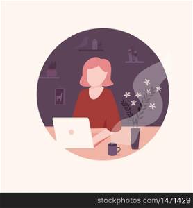 Young self employed woman working remotely from home. Vector illustration. Home office concept,. Young freelancer woman working remotely from home