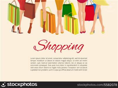Young sexy girls slim legs and with fashion bags shopping poster vector illustration