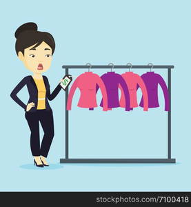 Young shopping woman shocked by price tag in clothing store. Surprised woman looking at price tag in clothing store. Amazed woman staring at price tag. Vector flat design illustration. Square layout.. Woman shocked by price tag in clothing store.