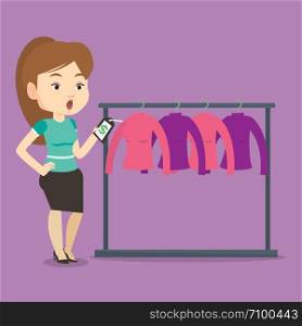 Young shopping woman shocked by price tag in clothing store. Surprised woman looking at price tag in clothing store. Amazed woman staring at price tag. Vector flat design illustration. Square layout.. Woman shocked by price tag in clothing store.
