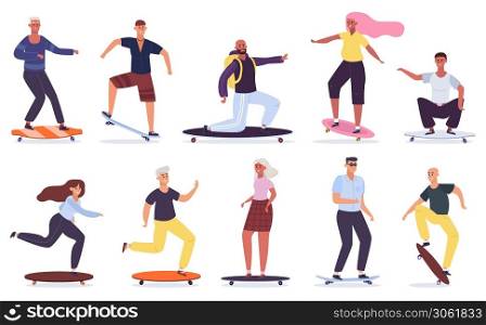 Young skateboarders. Men and women riding skateboard, teenagers on longboards and skateboards, urban extreme sport vector illustration set. People spending leisure actively and funny. Young skateboarders. Men and women riding skateboard, teenagers on longboards and skateboards, urban extreme sport vector illustration set