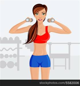 Young slim fit girl in red top with hand dumbbells in fitness center gym vector illustration
