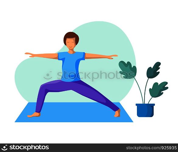 Young slim man doing yoga, guy doing sport exercise and meditation in room. Flat male character and potted flower on white background. Vector illustrstion . Yoga Different People
