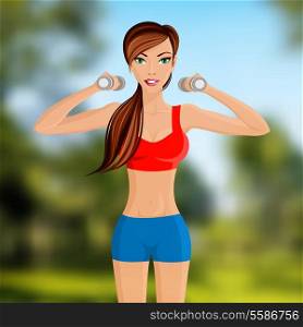 Young slim sport fitness woman with dumbbells portrait on outdoor background vector illustration