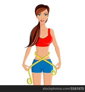 Young slim woman measuring waist with tape isolated on white background vector illustration