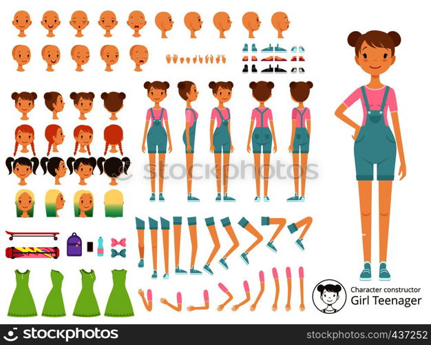 Young smile girl casual style. Mascot creation kit with different body parts. Vector cartoon constructor young girl, do-it-yourself part of body illustration. Young smile girl casual style. Mascot creation kit with different body parts. Vector cartoon constructor