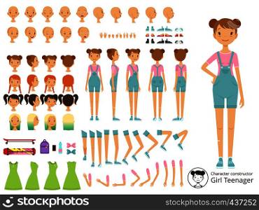 Young smile girl casual style. Mascot creation kit with different body parts. Vector cartoon constructor young girl, do-it-yourself part of body illustration. Young smile girl casual style. Mascot creation kit with different body parts. Vector cartoon constructor