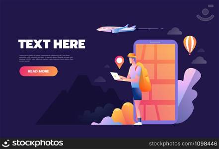 Young smile happy man tourist using mobile navigation system on his smartphone. Isolated illustration. Creative travel concept. Young smile happy man tourist using mobile navigation system on his smartphone. Isolated illustration. Creative travel concept.
