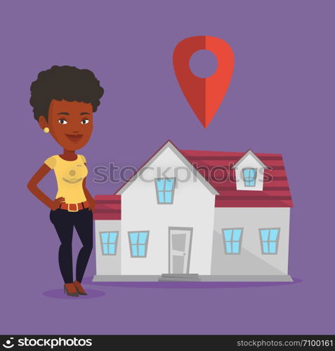 Young smiling african-american real estate agent standing on the background of map pointer above the house. Happy real estate agent offering the house. Vector flat design illustration. Square layout.. Realtor on background of house with map pointer.