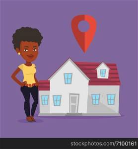 Young smiling african-american real estate agent standing on the background of map pointer above the house. Happy real estate agent offering the house. Vector flat design illustration. Square layout.. Realtor on background of house with map pointer.