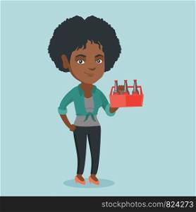 Young smiling african-american woman holding pack of beer. Full length of cheerful woman carrying a pack of beer. Vector cartoon illustration. Square layout.. Young african-american woman with pack of beer.