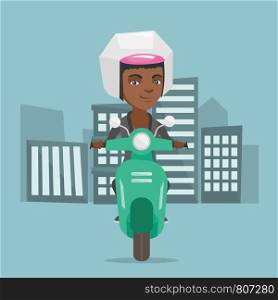 Young smiling african-american woman riding a scooter on the background city buildings. Cheerful woman in helmet driving a scooter on the city street. Vector cartoon illustration. Square layout.. Young african-american woman riding a scooter.