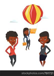 Young smiling african employee flying away in a balloon. Hardworking employee hanging on a hot air balloon. Happy employee got promoted. Vector flat design illustration isolated on white background.. Employee hanging on balloon vector illustration
