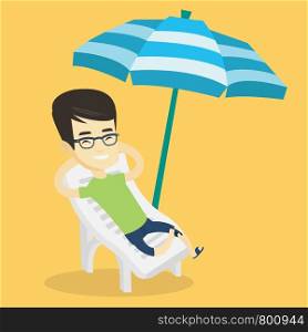 Young smiling asian man sitting in a beach chair. Man resting on holiday while sitting under umbrella on a beach chair. Happy man relaxing on beach. Vector flat design illustration. Square layout.. Man relaxing on beach chair vector illustration.