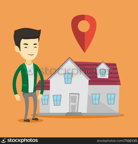 Young smiling asian real estate agent standing on the background of map pointer above the house. Cheerful real estate agent offering the house. Vector flat design illustration. Square layout.. Realtor on background of house with map pointer.