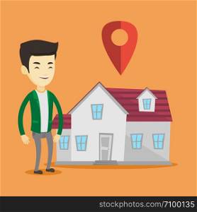 Young smiling asian real estate agent standing on the background of map pointer above the house. Cheerful real estate agent offering the house. Vector flat design illustration. Square layout.. Realtor on background of house with map pointer.