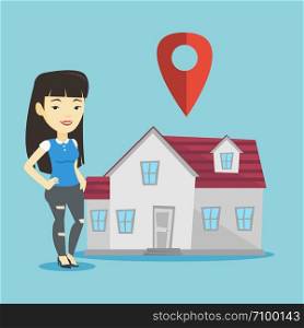 Young smiling asian real estate agent standing on the background of map pointer above the house. Happy female real estate agent offering the house. Vector flat design illustration. Square layout.. Realtor on background of house with map pointer.