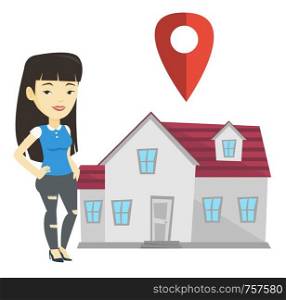 Young smiling asian real estate agent standing on the background of map pointer above the house. Real estate agent offering the house. Vector flat design illustration isolated on white background.. Realtor on background of house with map pointer.