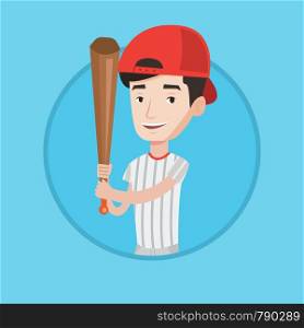 Young smiling baseball player in uniform. Professional baseball player standing with a bat. Cheerful baseball player in action. Vector flat design illustration in the circle isolated on background.. Baseball player with bat vector illustration.