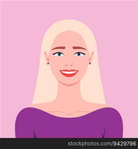 Young smiling blonde woman in purple dress. Girl portrait in a flat style