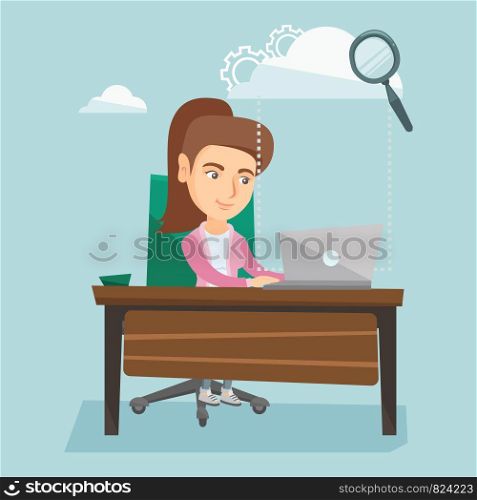 Young smiling business woman working on a laptop under the cloud. Caucasian business woman using cloud computing technologies. Cloud computing concept. Vector cartoon illustration. Square layout.. Business woman using cloud computing technologies.