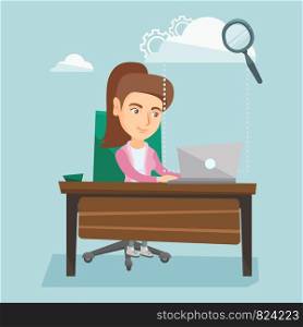 Young smiling business woman working on a laptop under the cloud. Caucasian business woman using cloud computing technologies. Cloud computing concept. Vector cartoon illustration. Square layout.. Business woman using cloud computing technologies.