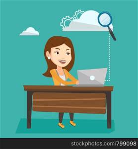 Young smiling business woman working on laptop under cloud. Caucasian business woman using cloud computing technologies. Cloud computing concept. Vector flat design illustration. Square layout.. Cloud computing technology vector illustration.