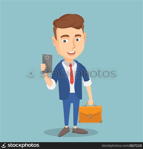 Young smiling businessman making selfie. Happy caucasian businessman taking photo with a cellphone. Businessman looking at smartphone and taking selfie. Vector flat design illustration. Square layout.. Businessman making selfie vector illustration.
