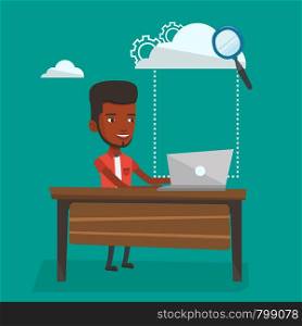 Young smiling businessman working on laptop under cloud. An african-american businessman using cloud computing technologies. Cloud computing concept. Vector flat design illustration. Square layout.. Cloud computing technology vector illustration.