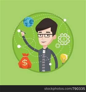 Young smiling businessman writing on a virtual screen. Cheerful caucasian businessman drawing a business plan on a virtual screen. Vector flat design illustration in the circle isolated on background.. Man writing cloud computing on virtual screen.