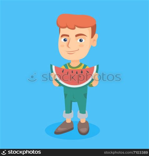 Young smiling caucasian boy eating delicious watermelon. Full length of happy child with a big red slice of watermelon in hands. Vector cartoon illustration. Square layout.. Young caucasian boy eating delicious watermelon.