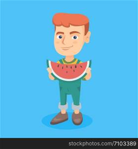 Young smiling caucasian boy eating delicious watermelon. Full length of happy child with a big red slice of watermelon in hands. Vector cartoon illustration. Square layout.. Young caucasian boy eating delicious watermelon.
