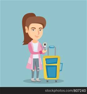 Young smiling caucasian business woman showing travel insurance tag. Business class passenger standing next to the suitcase and holding priority luggage tag. Vector cartoon illustration. Square layout. Caucasian business woman showing a luggage tag.