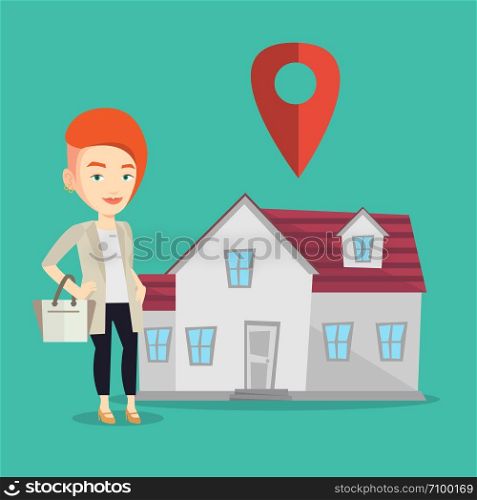 Young smiling caucasian real estate agent standing on a background of map pointer above the house. Happy female real estate agent offering the house. Vector flat design illustration. Square layout.. Realtor on background of house with map pointer.