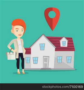 Young smiling caucasian real estate agent standing on a background of map pointer above the house. Happy female real estate agent offering the house. Vector flat design illustration. Square layout.. Realtor on background of house with map pointer.