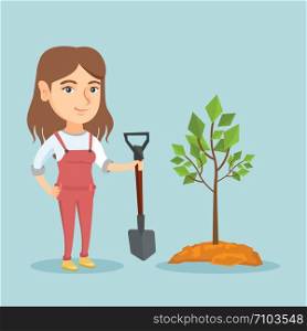 Young smiling caucasian woman planting a tree. Cheerful woman standing with shovel near newly planted tree. Concept of environmental protection. Vector cartoon illustration. Square layout.. Young caucasian woman planting a tree.