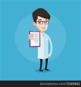 Young smiling cheerful male doctor showing clipboard with prescription. Doctor in medical gown holding clipboard. Vector flat design illustration isolated on blue background. Square layout.. Doctor with clipboard vector illustration.