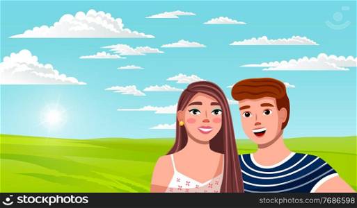 Young smiling couple take picture on the background of a picturesque green plain. Country landscape, trip out of town. Tourist trip. Long haired woman and man close up. Flat image illustration. Young romantic people on the green plain background. Shooting selfie. Countryside or suburban