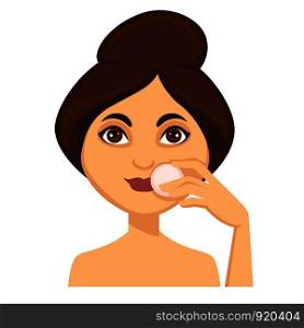 Young smiling dark haired woman powdering face, finishing her makeup, beauty routine themed cartoon, flat concept vector illustration on white background. Young woman doing makeup and powdering her face