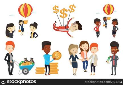 Young smiling employee flying away in a balloon. Hardworking employee hanging on a hot air balloon. Happy employee got promoted. Set of vector flat design illustrations isolated on white background.. Vector set of business characters.