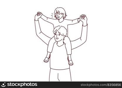 Young smiling father with excited child on back walking together outdoors. Happy loving dad playing with little kid enjoy time together. Vector illustration. . Young happy father with child on shoulders 