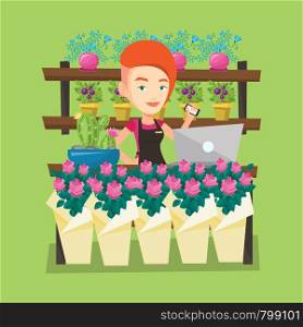 Young smiling florist using phone and laptop to take order. Friendly florist standing behind the counter at flower shop. Woman working in flower shop. Vector flat design illustration. Square layout.. Florist at flower shop vector illustration.