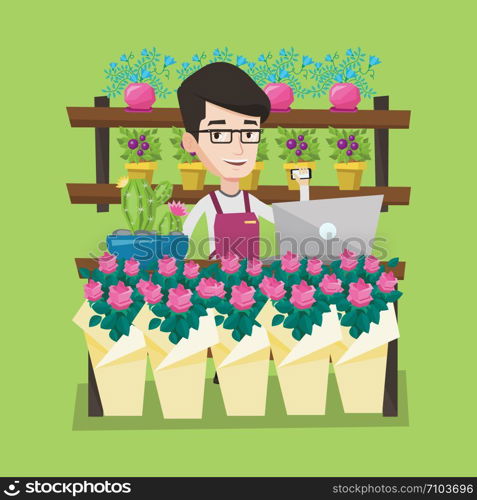 Young smiling florist using telephone and laptop to take order. Friendly florist standing behind the counter at flower shop. Man working in flower shop. Vector flat design illustration. Square layout.. Florist at flower shop vector illustration.