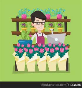 Young smiling florist using telephone and laptop to take order. Friendly florist standing behind the counter at flower shop. Man working in flower shop. Vector flat design illustration. Square layout.. Florist at flower shop vector illustration.