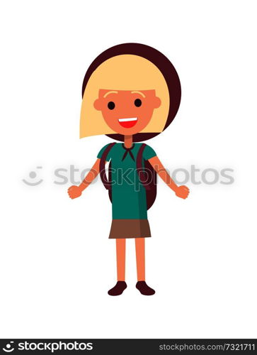 Young smiling girl scout with short blonde hair wearing big hat, blue t-shirt and grey brown skirt isolated vector illustration on white. Smiling Girl Scout Isolated Illustration