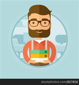 Young smiling hipster office worker standing with pile of folders in the office. Happy employee working in office with documents. Vector flat design illustration in the circle isolated on background.. Office worker holding pile of folders.