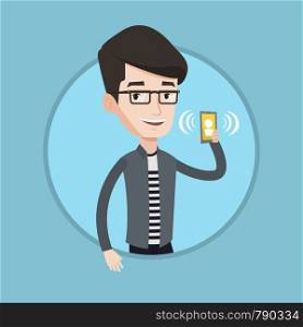 Young smiling man holding ringing mobile phone. Caucasian man answering a phone call. Man standing with ringing phone in hand. Vector flat design illustration in the circle isolated on background.. Man holding ringing mobile phone.