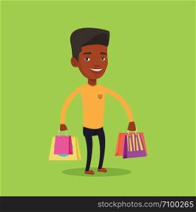 Young smiling man holding shopping bags. Happy african-american man carrying shopping bags. Man standing with a lot of shopping bags. Vector flat design illustration. Square layout.. Happy man with shopping bags vector illustration.